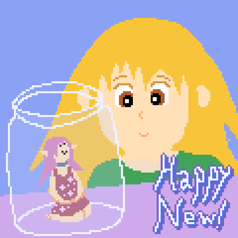 A tiny Aria is sitting inside a glass jar on a counter and smiling. A large Sylvie looms in the background. And in the bottom right, there's some text saying "Happy New!"