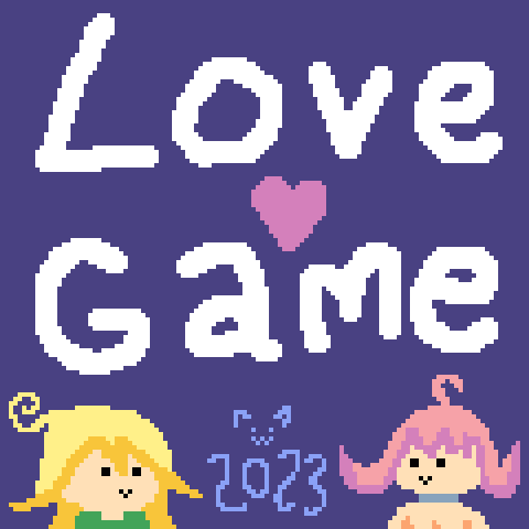Text "Love Game 2023" on a dark blue background. Cute and silly versions of Sylvie and Aria are there. Above 2023, there is a kitty face.